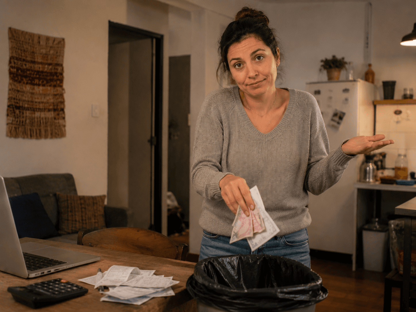 Mujer botando billetes a la basura, representando el gasto en arriendo